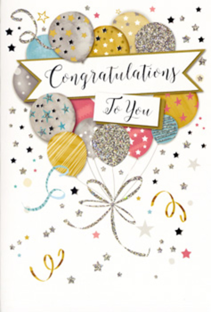 The congratulations card shown here captures the feeling of a joyful moment in Walworth, when news of success ripples through family and friends and someone places a special card beside a vase of fresh blooms. Front and centre, an abundant bouquet of illustrated balloons rises upward, each one overlapping like petals in a well-crafted floral design. The colours are soft yet luminous: brushed gold and silver, champagne beige, blush pink, sky blue, and gentle grey. Every balloon carries its own delicate detailing-tiny star patterns, subtle bands, or glitter-dusted accents that suggest a quiet, elegant sparkle. Their slim ribbons gather at the base, flowing down in loose curls of metallic gold and silver, interlacing like graceful vines and adding a sense of movement, as though stirred by a gentle breeze from an open doorway onto Walworth Road. Across the middle of the balloons, a refined banner stretches in a natural curve, bearing the words Congratulations To You in flowing script. The calligraphy feels timeless, like a handwritten note lovingly added to celebrate an achievement hard won over many months. Behind this central display, the background is soft and understated, yet sprinkled with fine metallic stars, dots, and swirling confetti lines that drift around the balloons, evoking the light-hearted atmosphere of a small gathering near Elephant and Castle or by the side streets leading toward Kennington. The overall impression is of lightness, pride, and a gentle kind of glamour-appropriate for graduations, new jobs, promotions, or personal milestones. Imagining the card in hand, you can sense the smooth card stock giving way to slightly raised glitter and glossy ink. It is easy to picture this card accompanying a bouquet delivered locally by Flowers Walworth, becoming part of the story of a day that deserves to be remembered and cherished.