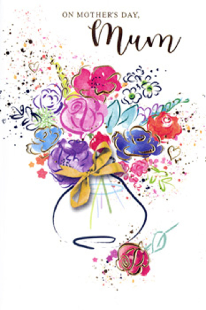In this expressive Mother's Day card design, colour and feeling intermingle to form a painterly bouquet that could easily have been inspired by the flower stalls a short walk from Walworth. Hot pink, cerise, and soft rose-toned blossoms gather at the centre, their petals edged and defined by decisive, indigo brushstrokes that suggest both artistry and a botanist's eye. Around them, dabs of apricot, warm peach, and sunny yellow play against cooler splashes of lavender and soft blue, while loose green strokes hint at leaves and stems weaving gently between the blooms. Subtle golden details glint along the edges-fine outlines on petals, tiny arcs around leaves, and light speckles that hover in the white space-giving the arrangement a quiet radiance, like evening light reflecting off shopfronts near East Street. The vase below is whimsical yet stable, its rounded shape painted with soft washes and finished with a neat golden bow motif, echoing the care with which a florist secures a ribbon around a hand-tied bouquet. Surrounding the main composition, scattered hearts and flecks of pigment drift across the card, capturing the sense of joy, gratitude, and tender chaos that often accompanies Mother's Day gatherings in homes from Walworth to Camberwell. The whole artwork feels alive and slightly in motion, as if the bouquet is blooming in real time. It becomes more than just a card: a keepsake that holds memories, affection, and thanks-perfect to accompany fresh seasonal flowers delivered to a beloved mum nearby.