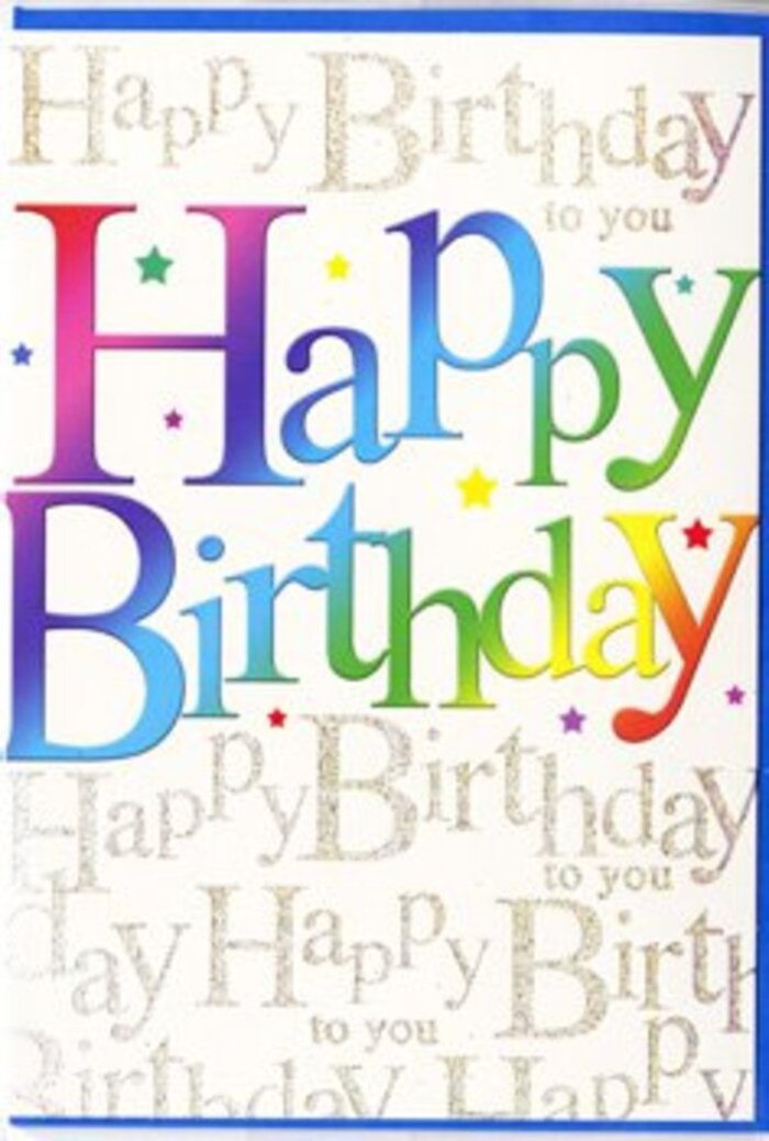 This striking birthday card appears like a little slice of celebration, as if it's just been propped up beside a vase of fresh blooms ready for delivery near Burgess Park in Walworth. Dominating the composition is the phrase Happy Birthday, written in large, rounded letters that curve elegantly across the card's centre. Each letter is filled with a different hue, shifting seamlessly from deep, festive red to bright mandarin, golden yellow, vibrant apple green, clear turquoise, rich ocean blue, and velvety purple, creating a harmonious rainbow effect that recalls the colourful variety of local shopfronts and market stalls. The colours are gently blended at their boundaries, lending a soft gradient look that feels hand-crafted rather than mechanically printed. Behind this central message, the entire background is overlaid with lines of delicate golden script, repeating Happy Birthday to you in an elegant, cursive style. The script loops and swirls like fine ribbon, and the metallic finish of the gold catches and reflects light in a subtle, glitter-like sparkle, reminiscent of fairy lights strung up for a celebration along a Walworth side street. This intricate golden layer adds depth and luxury, while still allowing the bold rainbow letters to stand clearly in the foreground. The card's surface appears satiny and smooth, with enough sheen to highlight the colours and gold without creating glare. Tiny spots of additional colour peek out between the script and main letters, like confetti flecks left on a table after the party has begun. Overall, the design feels joyful and generous, perfectly suited to sending heartfelt birthday wishes to someone in Walworth who deserves a card as bright and memorable as their day.