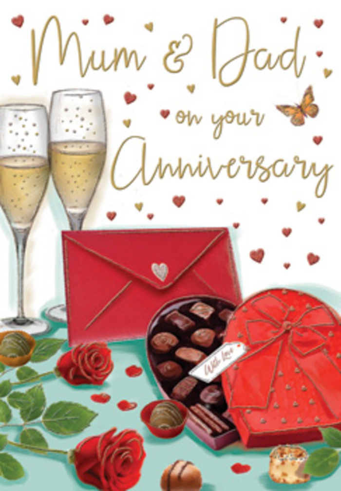 The anniversary card design is illustrated as a rich, inviting tabletop vignette, evoking the feeling of a private celebration in Walworth just as the evening begins. At the forefront, two sumptuous red roses rest delicately on a surface, their petals drawn with layered detail to suggest softness, depth, and that faint, familiar fragrance of a fresh bouquet. The roses are nestled against glossy, dark green leaves that curve naturally around them, creating a lush frame of foliage. Adjacent to the blooms, a heart-shaped box of chocolates is shown with its lid opened, revealing an assortment of rounded truffles lined up in snug rows, each piece shaded in warm, chocolatey tones. A wide red ribbon wraps the box, tied into an elegant bow whose loops catch the light, adding a sense of luxury and romance. Behind this indulgent pairing stand two clear, slender champagne glasses, each filled with pale golden bubbly, the light reflecting off the liquid and tall glass stems. Tiny bubbles rise within the champagne, frozen in motion as though captured mid-toast during a quiet anniversary evening near Walworth Garden. Floating gently across the background are small hearts in hues of deep red and metallic gold, arranged to surround a hand-written Mum & Dad message that anchors the card in family affection. In the foreground, a smooth, scarlet envelope lies slightly offset, sealed and waiting to be opened, suggesting intimate words crafted for this special moment. The entire palette of rich reds, greens, creams, and golds creates a soft, warm glow, embodying the joy, gratitude, and shared history of parents celebrating another year together in their familiar corner of London.