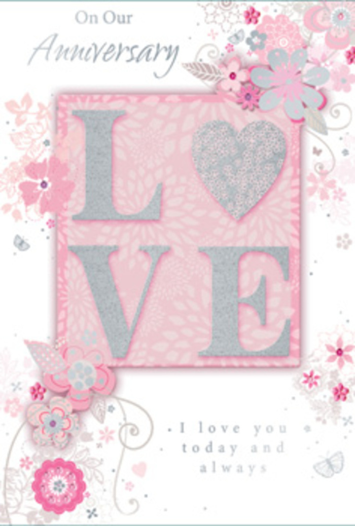 This anniversary card carries a warm, intimate atmosphere, like stepping into a sunlit room where love is quietly celebrated every day in Walworth. Across the centre, the word LOVE is presented in bold yet graceful raised lettering, each letter filled with a frosty blush hue that appears almost velvety. A fine border of glitter, shifting between soft pink, pearlescent white, and hints of silver, rims each letter, creating small, shimmering highlights that would catch your eye even at a distance. The embossed texture suggests that your fingers would feel gentle ridges and sparkling grains if you traced the word. Bordering and partially encircling this focal motif are wisps of hand-drawn flowers and leafy sprays. Their petals drift in a palette of pastel pinks, lilac-grey shadows, and ivory, overlapping lightly without ever becoming heavy. Within this airy frame, tiny details emerge on closer look: slender filigree lines, petite leaves, and near-hidden butterflies that hover like shy symbols of fluttering hearts. These elements echo the thoughtful craftsmanship of a florist composing an anniversary bouquet for delivery to homes off Old Kent Road or around the Elephant and Castle area. The background of the card is a gentle, even pink, softly lit so that the raised letters and floral sketches cast the faintest of shadows, adding dimension. Positioned in a refined, understated typeface, the message I love you today and always rests within the design, neither loud nor ornate, but quietly resolute. The card feels like a bouquet pressed into paper form, carrying a sense of gratitude, hope, and the enduring comfort of shared days and nights in Walworth.
