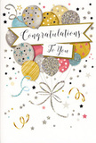 This congratulations card feels like a quiet but radiant celebration, the type you might see propped on a windowsill in Walworth, catching the afternoon light after good news is shared. At its centre, a bouquet of illustrated balloons rises together, creating a cloud of colour and pattern. Soft metallic gold and silver mingle with champagne tones, airy sky blue, blush pink, and gentle grey, each balloon decorated with tiny stars, slender stripes, or glittering details that evoke a subtle twinkle. The balloons are loosely gathered by fine ribbons of gold and silver that drape downward in relaxed curls, reminiscent of party streamers at the end of an evening with friends from around East Street Market or Walworth Road. A graceful banner sweeps across the middle, proudly displaying Congratulations To You in elegant, flowing calligraphy, the letters curving as though written by hand with real care. Around this focal cluster, the pale background is dusted with miniature stars, confetti dots, and curving lines that dance lightly across the card, capturing the sense of joy that lingers in the air after applause has faded. The composition strikes a balance between playful and refined, making it perfect for celebrating exam results, promotions, new ventures, or any moment when someone in SE17 deserves heartfelt recognition. Imagining yourself holding the card, you might feel the smooth, sturdy weight of the stock and the subtle, slightly sandy texture of glitter catching against your fingertips. It is the sort of congratulations card that pairs seamlessly with a fresh, celebratory bouquet delivered around Walworth, bringing a little extra sparkle and emotional warmth to a mantelpiece, desk, or bedside table.