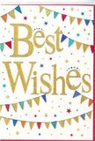 This Best Wishes card exudes a joyful, gently sophisticated charm, as if it were designed to capture the celebratory spirit of Walworth in one image. Across the middle, the phrase Best Wishes is written in wide, looping gold script that looks slightly raised, with a delicate dusting of glitter that makes each curve sparkle against the pristine white background. The gold is warm and lustrous, giving the words the look of hand-brushed calligraphy catching the light on a sunny afternoon along Walworth Road. Encircling the greeting are soft arcs of bunting, one sweeping along the top of the card and another mirroring it at the bottom, framing the message like festive garlands at a neighbourhood party. Each small triangular flag is brightly coloured-bold blues, vivid reds, fresh greens, sunshine yellows, and hints of purple-some filled with neat stripes, others dotted or patterned with tiny patchwork shapes, reminiscent of the colourful variety found at local markets near Elephant and Castle. Between the bunting, scattered stars and petite confetti-like dots float across the remaining white space, adding a sense of motion and light-hearted fun, as though joy itself has been sprinkled over the design. Despite this playful detail, the clean backdrop keeps the card feeling refined and uncluttered. The overall impression is one of sincere happiness and encouragement, making it perfect for congratulating someone on a promotion, a new home, or exam results, or simply wishing them luck on a new chapter. When paired with flowers delivered locally in Walworth, this card's glittering gold script and colourful bunting help express all the positive feelings that come with sharing good news and hopeful beginnings.