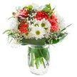 Lively and inviting, this bouquet crafted for Walworth radiates the spirit of a spring morning in Elephant Park or along the Newington Causeway. Ruffled coral-pink carnations cluster at the core, their textured petals brimming with both cheerfulness and sophistication. Framing them are bright white daisies and lush chrysanthemums, each with a greenish-gold center, opening like rays of light to infuse the arrangement with hope and pure energy. Interwoven amidst the prominent blooms, baby's breath weaves soft, cloud-like clusters that bring a gentle lightness to the bouquet's silhouette. Deep green leaves-both glossy and matte-curve around the base, anchoring the florals and adding that sense of cultivation that local gardens inspire. From the side, tight magenta alstroemeria buds promise new color and evolving beauty, lending anticipation to the whole ensemble. Presented in a clear glass vase, every sturdy stem and the clarity of the water are on full display, further underscoring the freshness nurtured by Walworth's skilled hands. Illuminated in bright, even lighting, the bouquet stands against a pristine white backdrop, its joyous colors and delicate layers ready to transform any room-be it as a birthday gift, a gesture of thanks, or simply a way to share positivity with a neighbor.