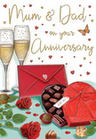 This illustrated anniversary card presents a warm, romantic scene that feels at home in Walworth, as if set on a side table just before an evening toast. Dominating the centre, two deep red roses are rendered in luxuriant detail, their petals layered and velvety, hinting at the fresh, heady fragrance of a florist's finest stems. They lie nestled among smooth, dark green leaves that add fullness and contrast to the composition. To one side, a heart-shaped box of chocolates is half-opened, revealing carefully arranged truffles, each rounded piece shaded in rich cocoa tones that suggest a variety of flavours waiting to be savoured together. The box is wrapped with a gleaming red bow, its satin-like loops curling softly and catching the light. Standing behind this inviting duo are two matching champagne flutes, tall and slender, filled with pale gold champagne that sparkles with tiny bubbles, giving the impression of a toast raised in quiet celebration near Elephant and Castle. Scattered across the softly glowing background, clusters of tiny hearts in crimson and metallic gold drift around a graceful, hand-lettered tribute to Mum & Dad, reinforcing the family focus of the design. In the lower section, a bright red envelope lies at a gentle angle, the sealed flap hinting at heartfelt words nestled inside. The colour scheme of ruby reds, warm golds, creamy highlights, and deep greens wraps the whole illustration in an atmosphere of intimacy and joy, suggesting an anniversary spent reminiscing, laughing, and appreciating the simple pleasures of flowers, chocolates, and champagne shared at home in Walworth.